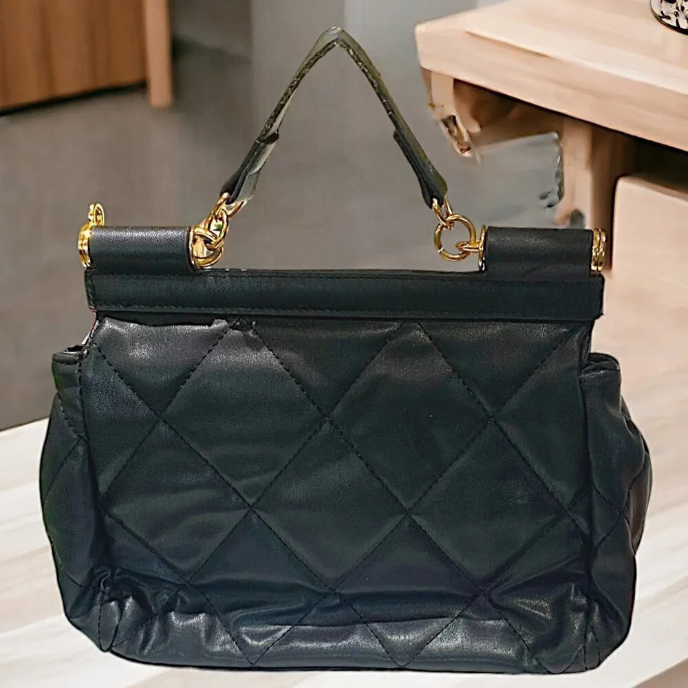BADGLEY MISCHKA Black Vegan Leather Studded Big Diamond Quilted Top Handle Bag